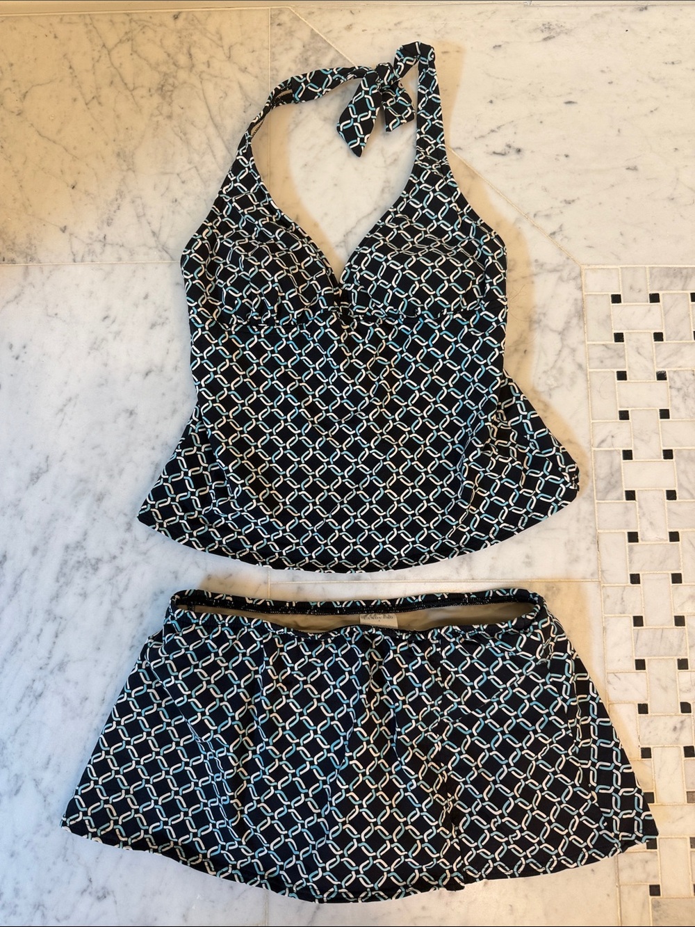 Lands' End Black Halter Tankini with White and Light Blue Chain Print